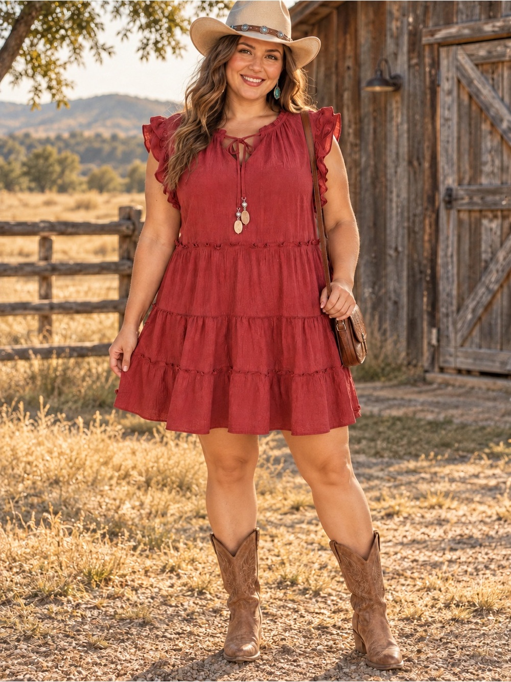 Tiered Ruffle Midi Dress in Rust